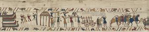 Normands transportant des armes vers les navires et tirant une charrette chargée de vin et d